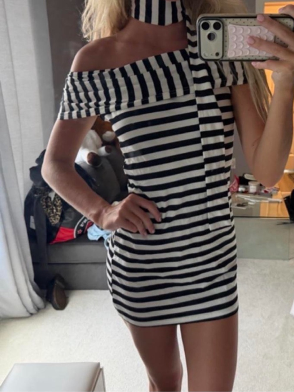 Off-Shoulder Black and White Striped Mini Dress